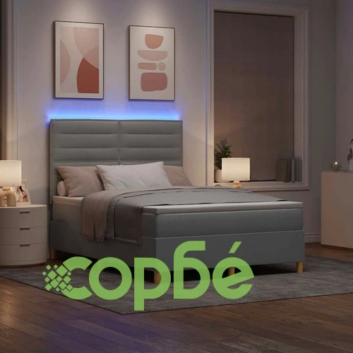 Легло с пружинирана основа и LED осветление светлосиво 160x200 см текстил ➤ топ цена ➤ sorbe.bg