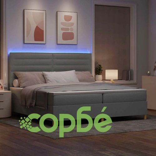 Легло с пружинирана основа и LED осветление светлосиво 200x200 см текстил ➤ топ цена ➤ sorbe.bg
