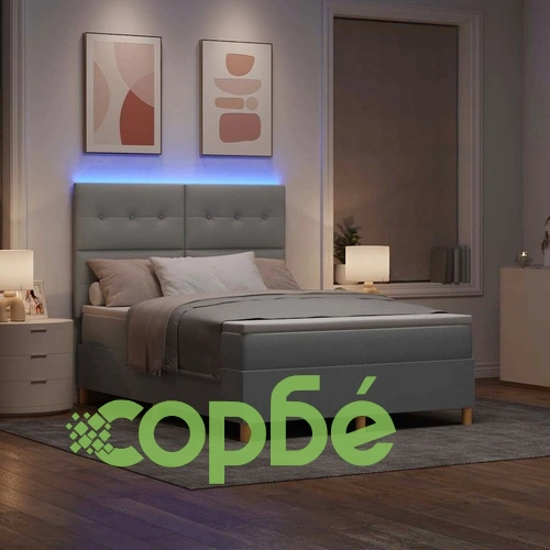 Легло с пружинирана основа и LED осветление светлосиво 140x190 см текстил ➤ топ цена ➤ sorbe.bg