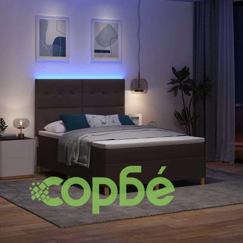 Легло с пружинирана основа и LED осветление тъмнокафяв 140x190 см текстил с матрак ➤ топ цена ➤ sorbe.bg