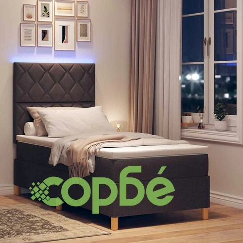 Легло с пружинирана основа и матрак тъмнокафяв 90x200 см текстил с LED осветление ➤ топ цена ➤ sorbe.bg