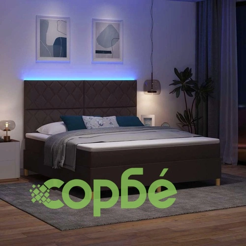Легло с пружинирана основа и матрак тъмнокафяв 180x200 см текстил с LED осветление ➤ топ цена ➤ sorbe.bg