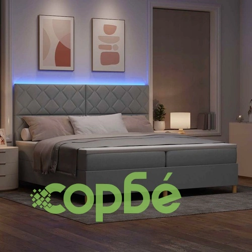 Легло с пружинирана основа и матрак 200x200 см светлосиво текстил с LED осветление ➤ топ цена ➤ sorbe.bg