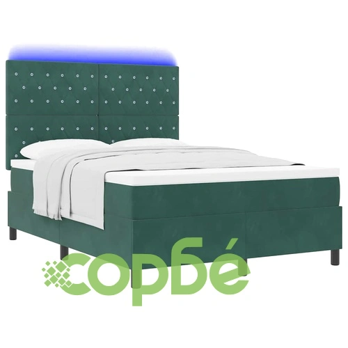 Легло с пружинирана основа и матрак тъмно зелено кадифе 160x200 см с LED осветление ➤ топ цена ➤ sorbe.bg