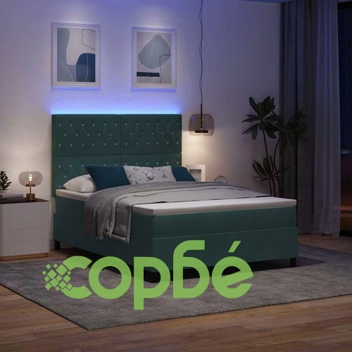 Легло с пружинирана основа и матрак тъмно зелено кадифе 160x200 см с LED осветление ➤ топ цена ➤ sorbe.bg
