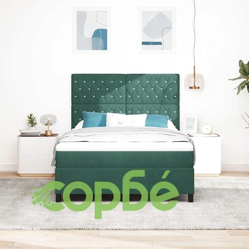 Легло с пружинирана основа и матрак тъмно зелено кадифе 160x200 см с LED осветление ➤ топ цена ➤ sorbe.bg