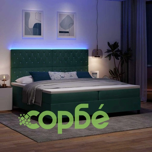Легло с пружинирана основа и LED осветление тъмнозелено 200x200 см кадифе ➤ топ цена ➤ sorbe.bg