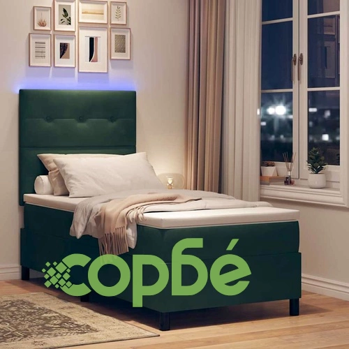 Легло с пружинирана основа и матрак Тъмен зелен 90x190 см Кадифе с LED осветление ➤ топ цена ➤ sorbe.bg