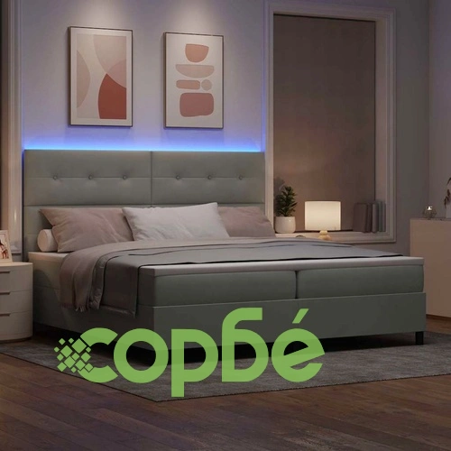 Легло с пружинирана основа и LED осветление Светлосиво 200x200 см Кадифе ➤ топ цена ➤ sorbe.bg