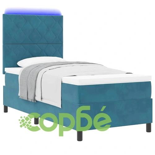 Легло с пружинирана основа и матрак тъмносиньо 90x190 см кадифе с LED осветление ➤ топ цена ➤ sorbe.bg