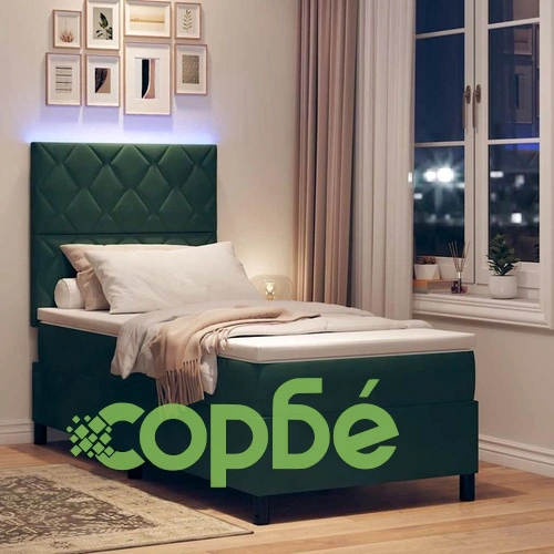 Легло с пружинирана основа и матрак тъмнозелено 90x200 см кадифе с LED осветление ➤ топ цена ➤ sorbe.bg