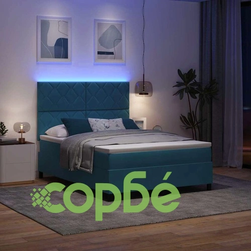 Легло с пружинирана основа и LED осветление Тъмносиньо 140x200 см Кадифе ➤ топ цена ➤ sorbe.bg