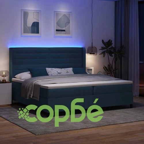 Легло с пружинирана основа и матрак със LED осветление синьо 200x200 см текстил ➤ топ цена ➤ sorbe.bg