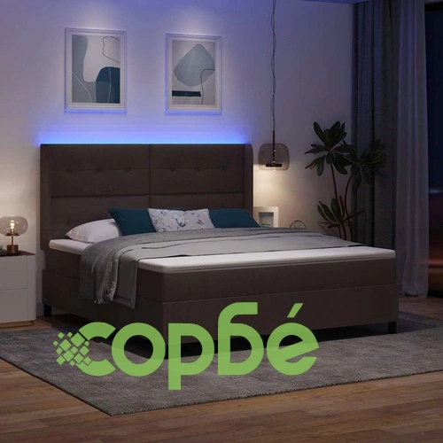 Легло с пружинирана основа и LED осветление тъмнокафяв 180x200 см текстил ➤ топ цена ➤ sorbe.bg
