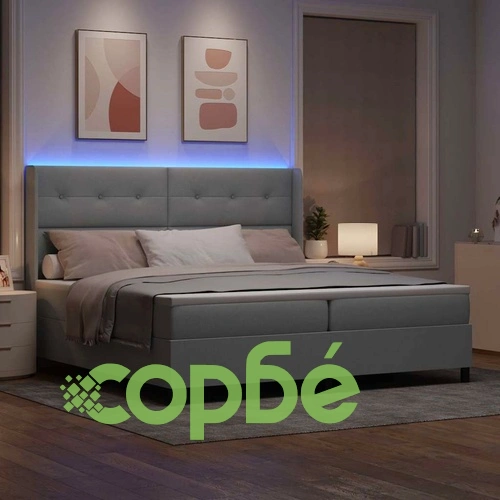 Легло с пружинирана основа и LED осветление светлосиво 200x200 см текстил ➤ топ цена ➤ sorbe.bg