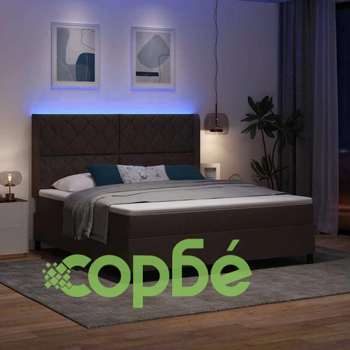 Легло с пружинирана основа и матрак с LED осветление тъмнокафяво 180x200 см полиестер ➤ топ цена ➤ sorbe.bg