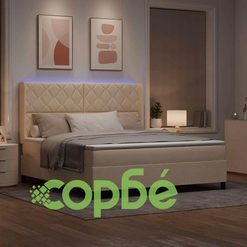 Легло с пружинирана основа и матрак с LED осветление крем 180x200 см текстил ➤ топ цена ➤ sorbe.bg