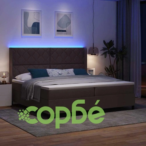 Легло с пружинирана основа и матрак с LED осветление тъмнокафяв 200x200 см текстил ➤ топ цена ➤ sorbe.bg