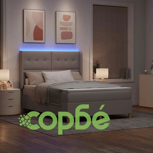 Легло с пружинен матрак и LED осветление Таупе 160x200 см текстил ➤ топ цена ➤ sorbe.bg