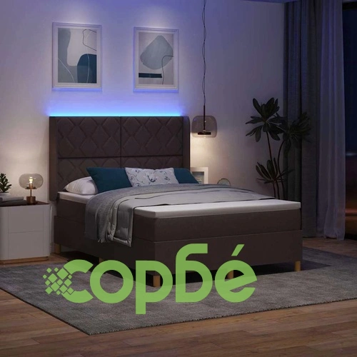 Легло с пружинен матрак и LED осветление кафяво 140x200 см текстил ➤ топ цена ➤ sorbe.bg