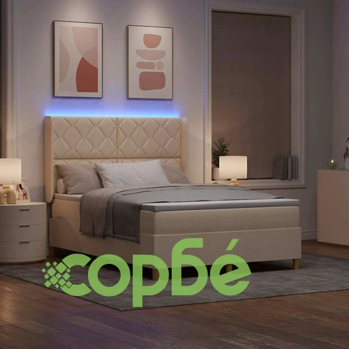Легло с пружинирана основа и матрак с LED осветление крем 160x200 см текстил ➤ топ цена ➤ sorbe.bg