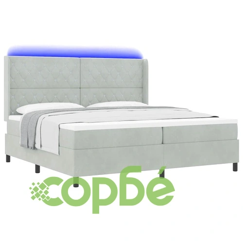 Кадифено легло с LED осветление и матрак 200x200 см светлосиво ➤ топ цена ➤ sorbe.bg