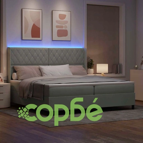 Кадифено легло с LED осветление и матрак 200x200 см светлосиво ➤ топ цена ➤ sorbe.bg