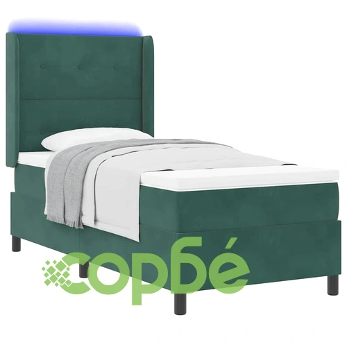 Кадифено легло с LED осветление, бокс пружина и матрак, 100 x 200 cm, Зелен ➤ топ цена ➤ sorbe.bg