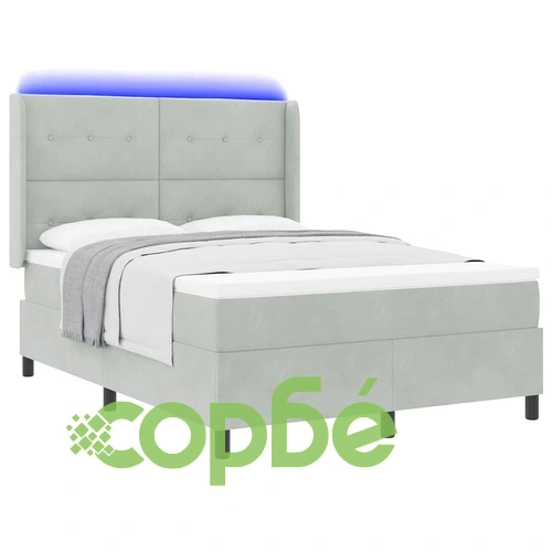 Кадифено легло с LED осветление и матрак 160x200 см светлосиво ➤ топ цена ➤ sorbe.bg