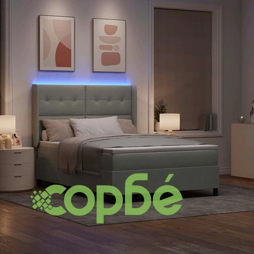 Кадифено легло с LED осветление и матрак 160x200 см светлосиво ➤ топ цена ➤ sorbe.bg