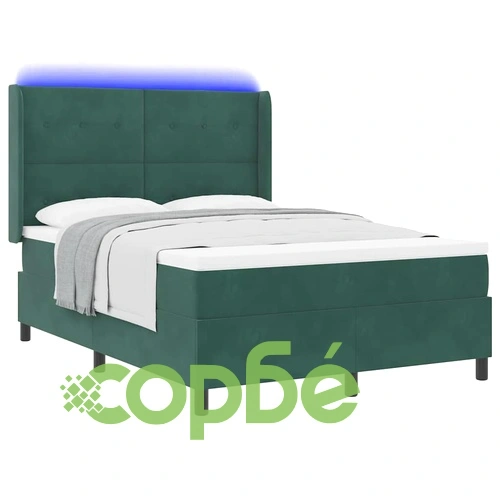 Легло с LED осветление, матрак и бокс пружина тъмно зелено кадифе 160x200 см ➤ топ цена ➤ sorbe.bg