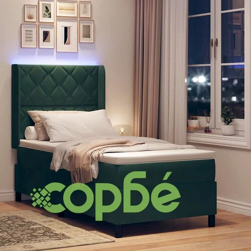Легло с LED осветление, матрак и пружинен блок тъмно зелено кадифе 100x200 см ➤ топ цена ➤ sorbe.bg