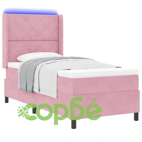 Кадифено легло с LED осветление, бокс пружина и матрак 100 x 200 cm Розово ➤ топ цена ➤ sorbe.bg