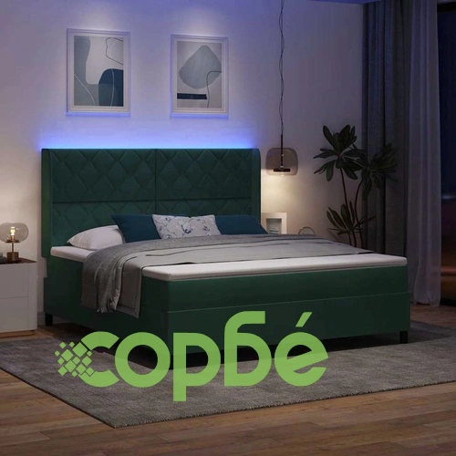 Легло с LED осветление, матрак и бокс пружина Тъмно зелено кадифе 180x200 см ➤ топ цена ➤ sorbe.bg