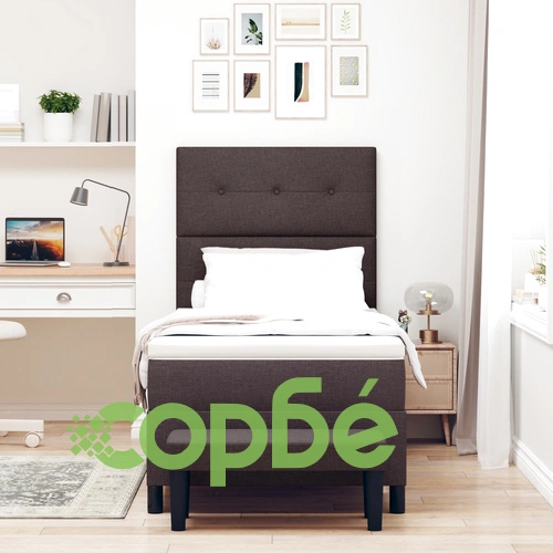 Легло с пружинна основа, матрак и пейка 90x190 см, тъмнокафява тъкан ➤ топ цена ➤ sorbe.bg