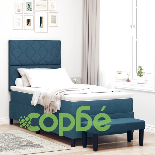 Легло с пружини с матрак и пейка 90x190 см, синя тъкан полиестер ➤ топ цена ➤ sorbe.bg