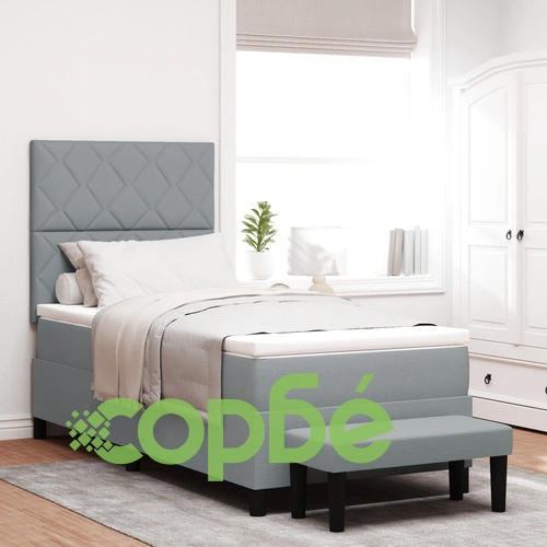 Легло с пружини с матрак и пейка от тъкан, светло сиво 100x200 см ➤ топ цена ➤ sorbe.bg