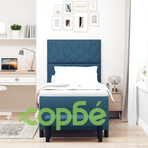 Легло с кутия 100x200 см от текстил в тъмносин цвят с матрак и пейка ➤ топ цена ➤ sorbe.bg