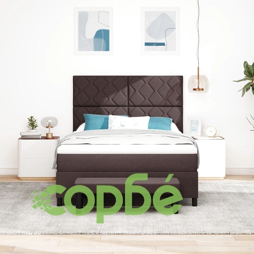 Легло с кутия 160x200 см с матрак и пейка от тъкан, тъмнокафяво ➤ топ цена ➤ sorbe.bg