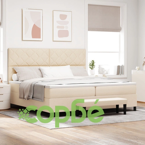 Легло с короб, матрак и пейка 200x200 см - Кремава тъкан ➤ топ цена ➤ sorbe.bg