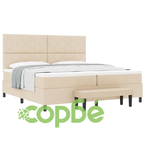 Легло с короб, матрак и пейка 200x200 см - Кремава тъкан ➤ топ цена ➤ sorbe.bg