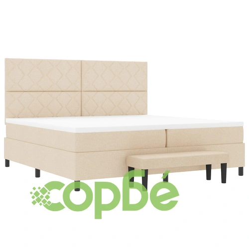 Легло с короб, матрак и пейка 200x200 см - Кремава тъкан ➤ топ цена ➤ sorbe.bg