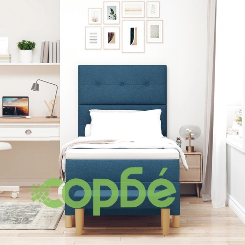 Легло с матрак и пейка 80x200 см, синя тъкан, дървена основа ➤ топ цена ➤ sorbe.bg