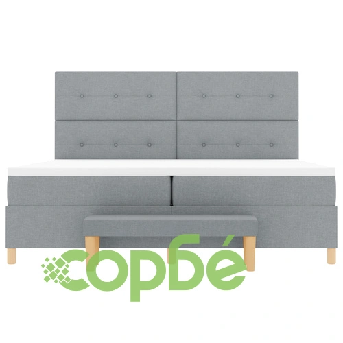 Луксозно легло с пружини, матрак и пейка 200x200 см - Светлосиво текстилно покритие ➤ топ цена ➤ sorbe.bg