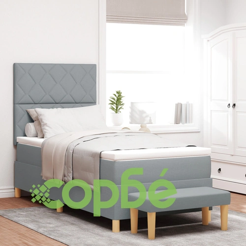 Легло с кутия пружини, матрак и пейка, 90x200 см, светлосива тъкан ➤ топ цена ➤ sorbe.bg