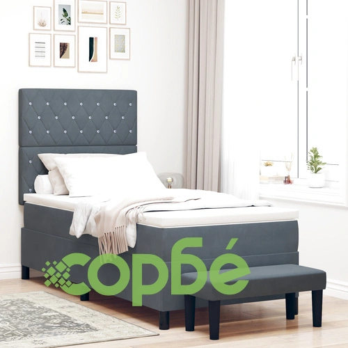Легло с кутия 90x200 см от тъмносиво кадифе с матрак и пейка ➤ топ цена ➤ sorbe.bg