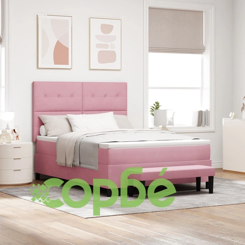 Луксозно легло с кутия пружини, матрак и пейка от розово кадифе 140x190 см ➤ топ цена ➤ sorbe.bg