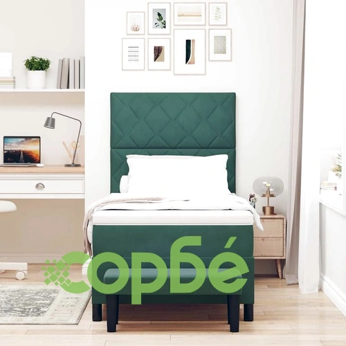 Легло с пружинирана основа, матрак и пейка тъмнозелено 90x190 см кадифе ➤ топ цена ➤ sorbe.bg