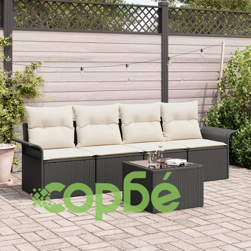 5 части градински диван сет от полиратан с възглавници - Черен ➤ топ цена ➤ sorbe.bg