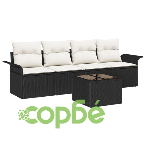 5 части градински диван сет от полиратан с възглавници - Черен ➤ топ цена ➤ sorbe.bg